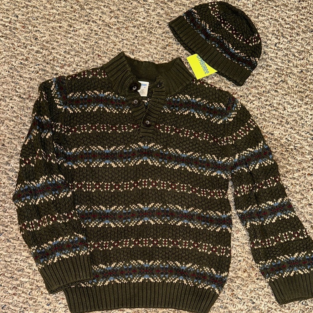 GYMBOREE ANTIQUE TRUCK GREEN FAIRISLE SWEATER 7 8 & NWT HAT 5-7 SET